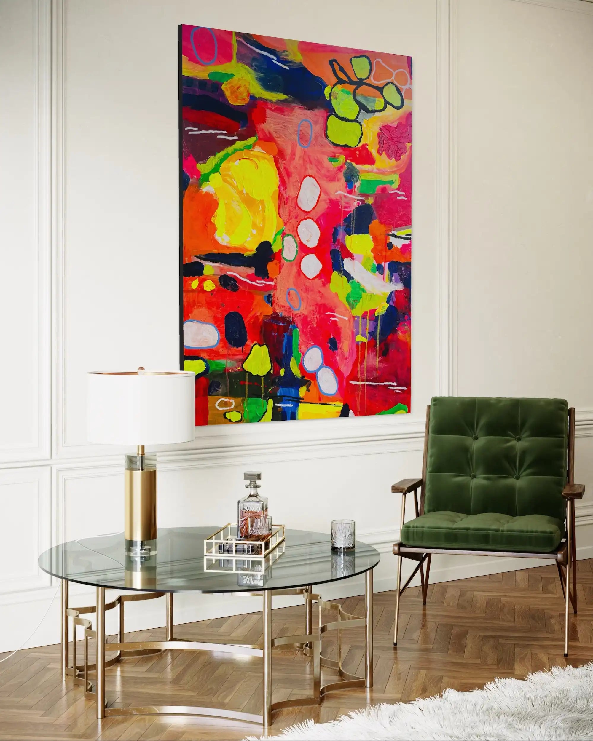 Betsy – radiant abstract original painting in red, yellow, and green by Claire Campbell Art.