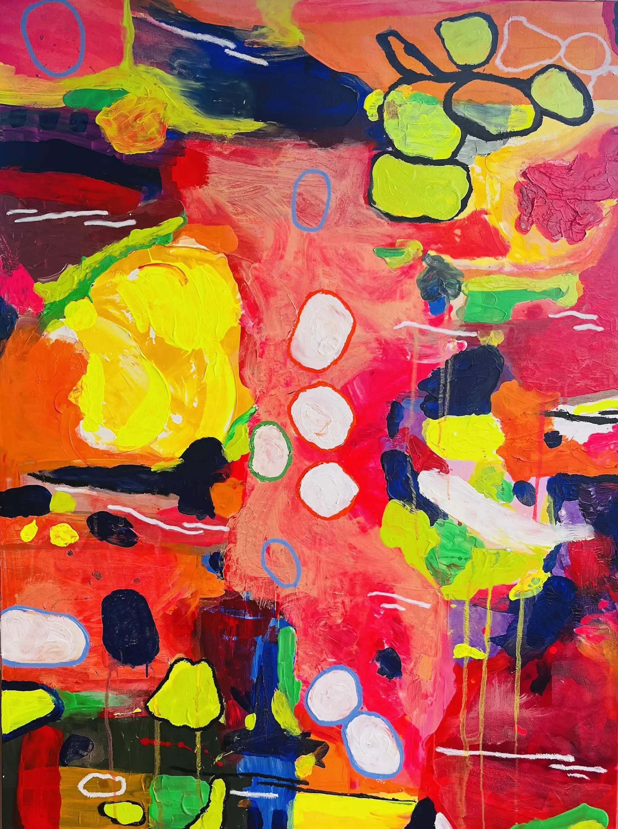 Betsy – radiant abstract original painting in red, yellow, and green by Claire Campbell Art.