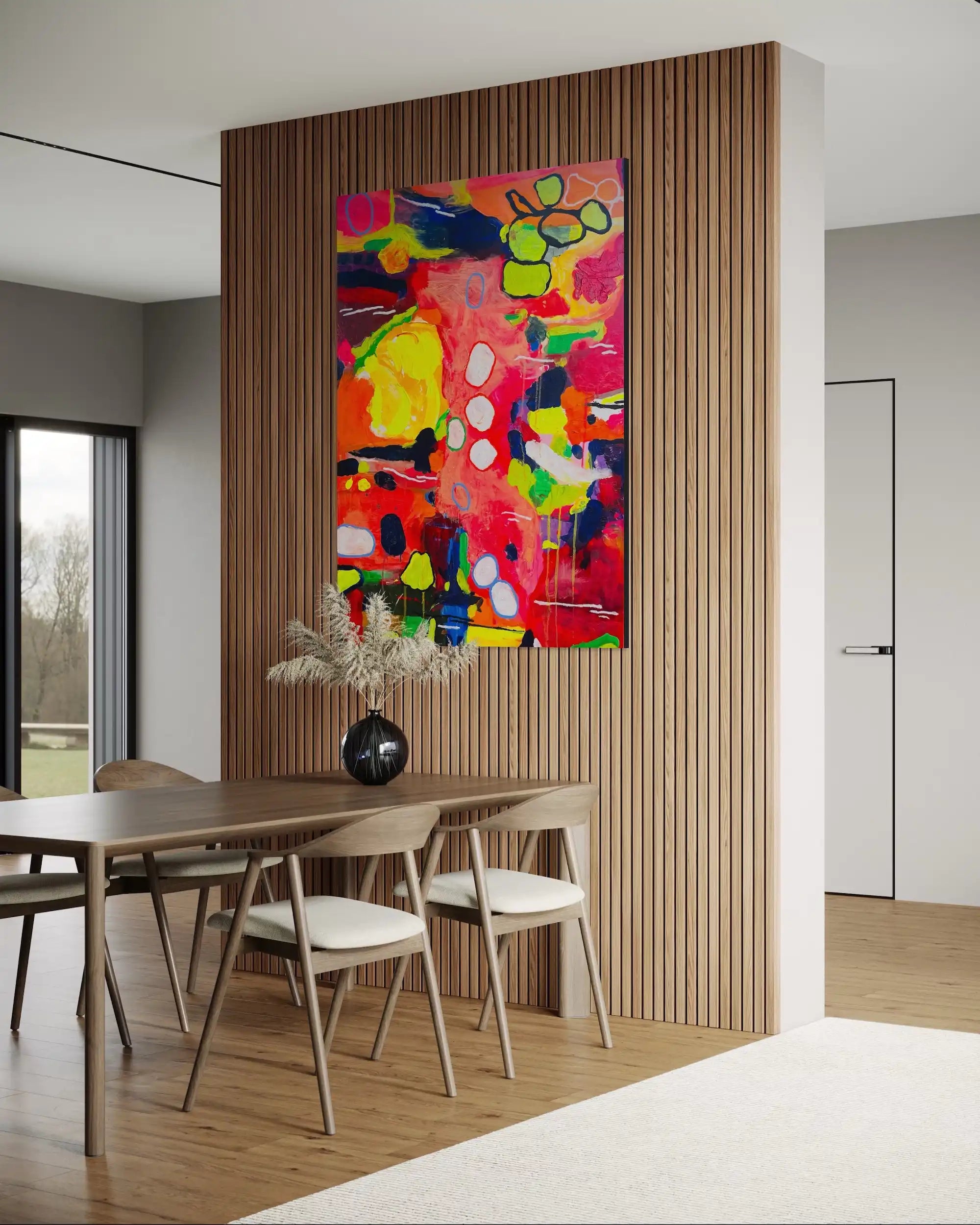 Betsy – radiant abstract original painting in red, yellow, and green by Claire Campbell Art.