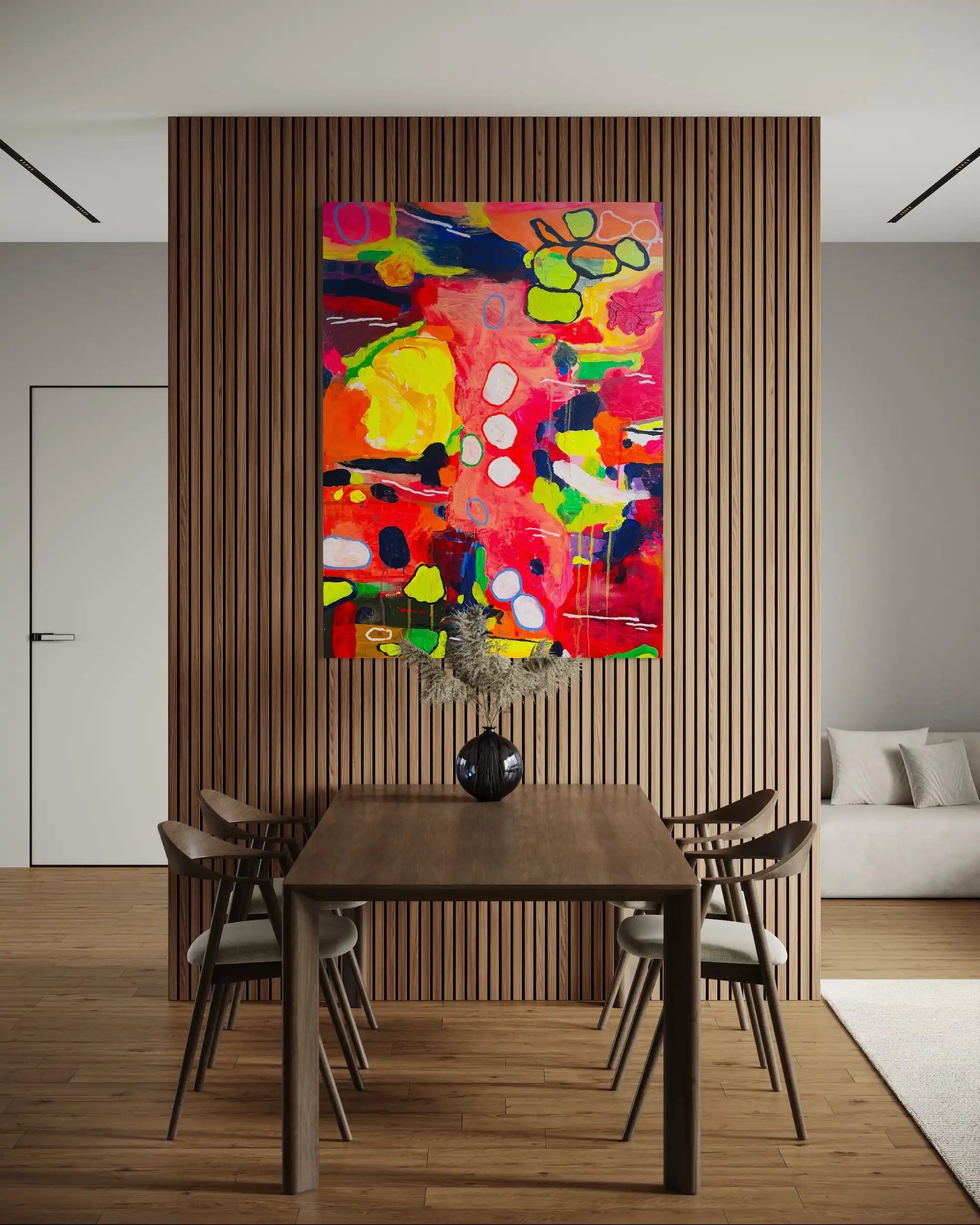Betsy – radiant abstract original painting in red, yellow, and green by Claire Campbell Art.