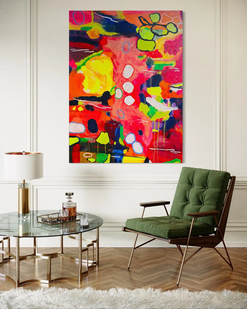 Betsy – radiant abstract original painting in red, yellow, and green by Claire Campbell Art.