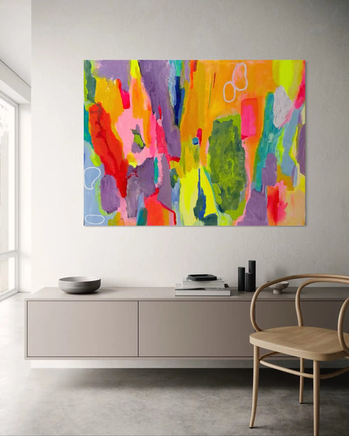Celestia – vibrant abstract original painting in neon pink, green, and violet by Claire Campbell Art.