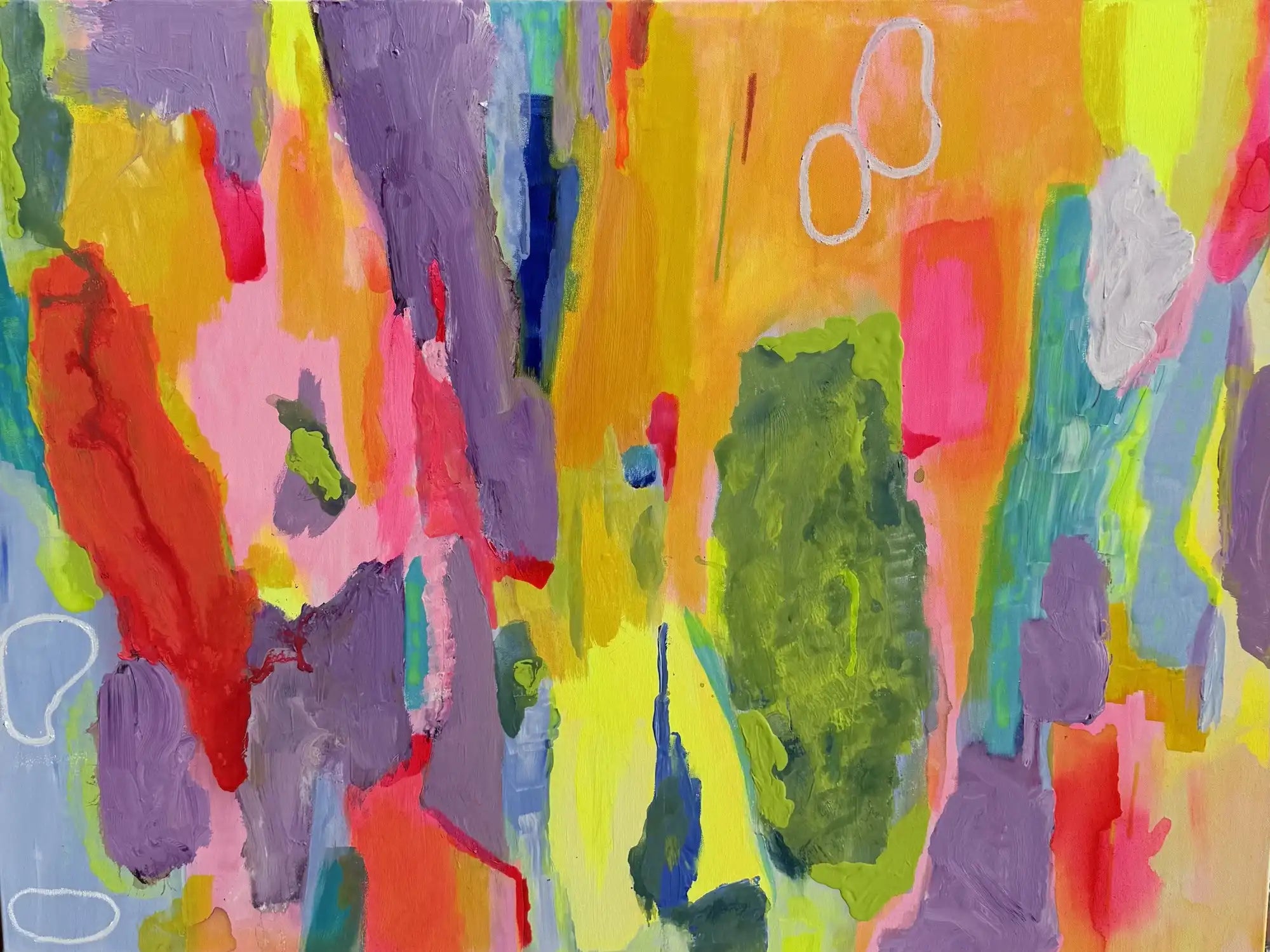 Celestia – vibrant abstract original painting in neon pink, green, and violet by Claire Campbell Art.