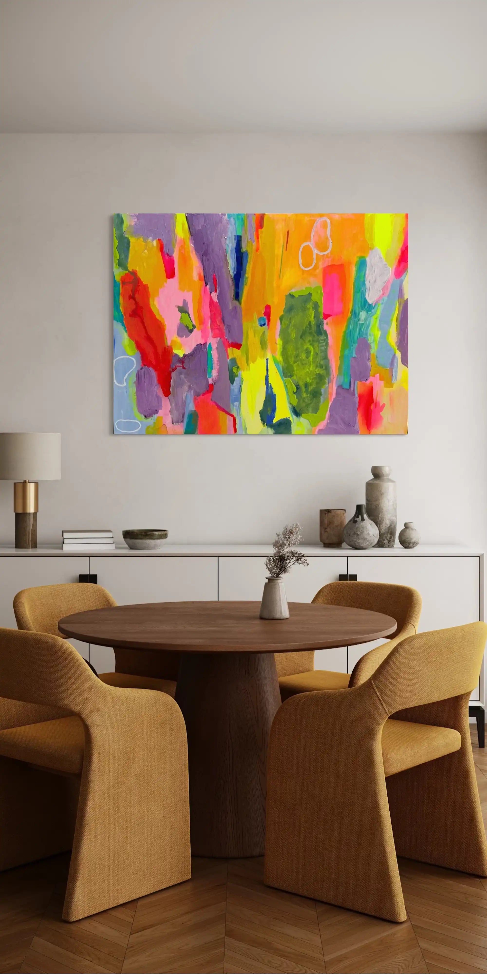 Celestia – vibrant abstract original painting in neon pink, green, and violet by Claire Campbell Art.