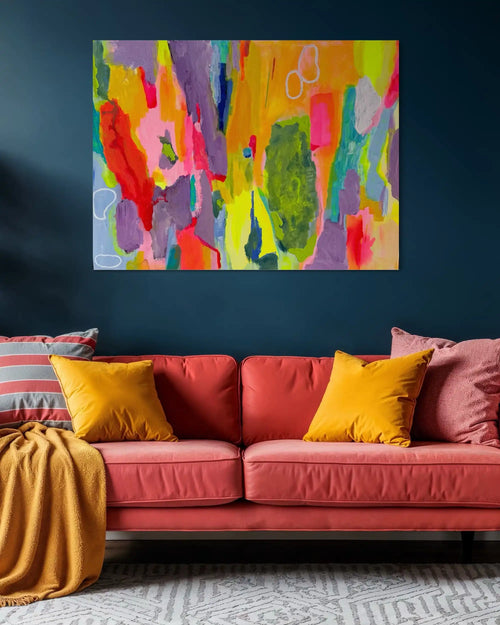 Celestia – vibrant abstract original painting in neon pink, green, and violet by Claire Campbell Art.