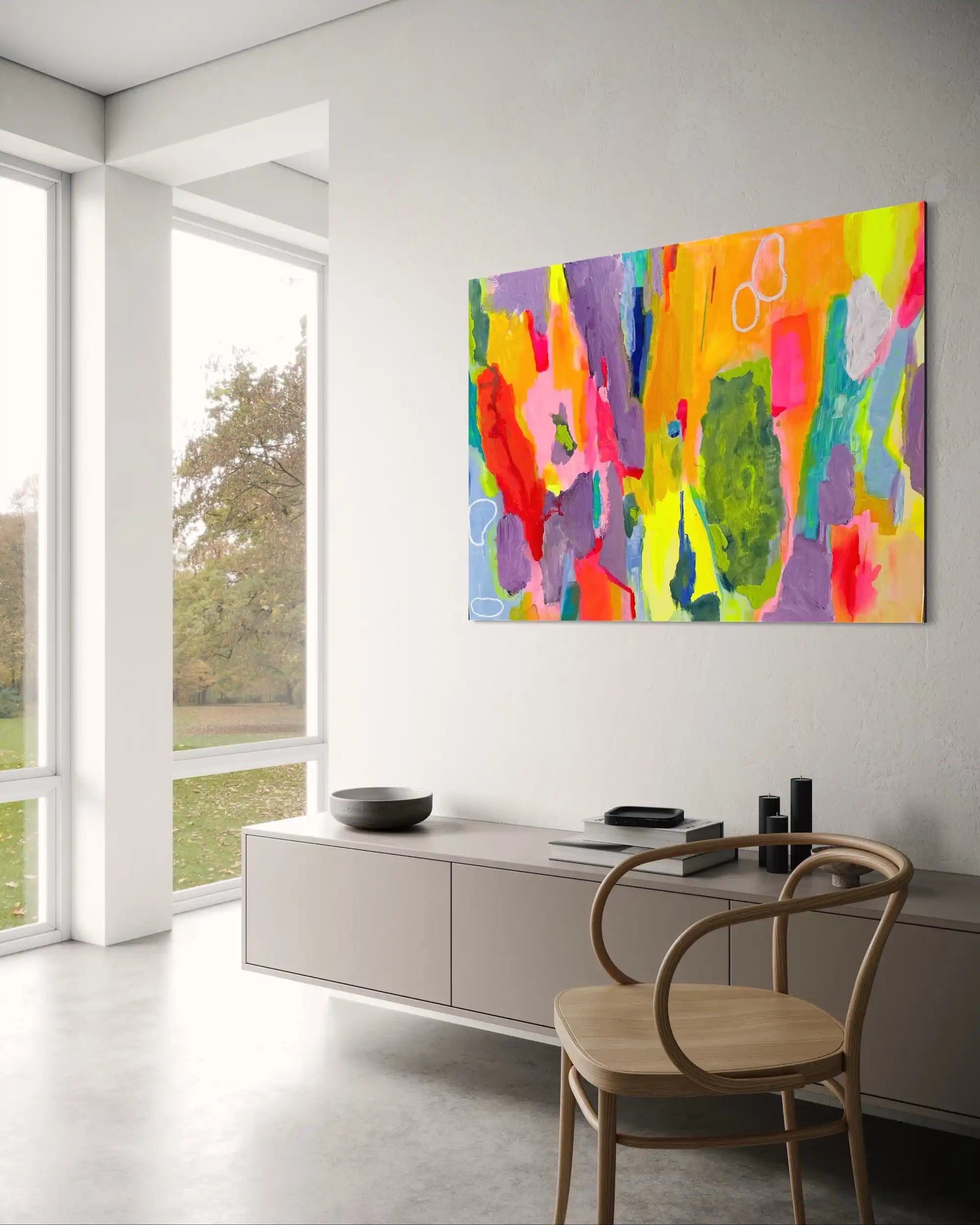 Celestia – vibrant abstract original painting in neon pink, green, and violet by Claire Campbell Art.