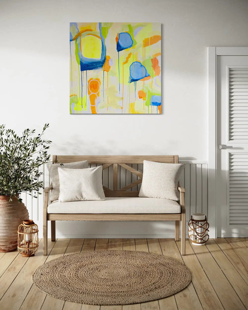 Charlotte – abstract original painting in yellow, blue, and green tones by Claire Campbell Art.