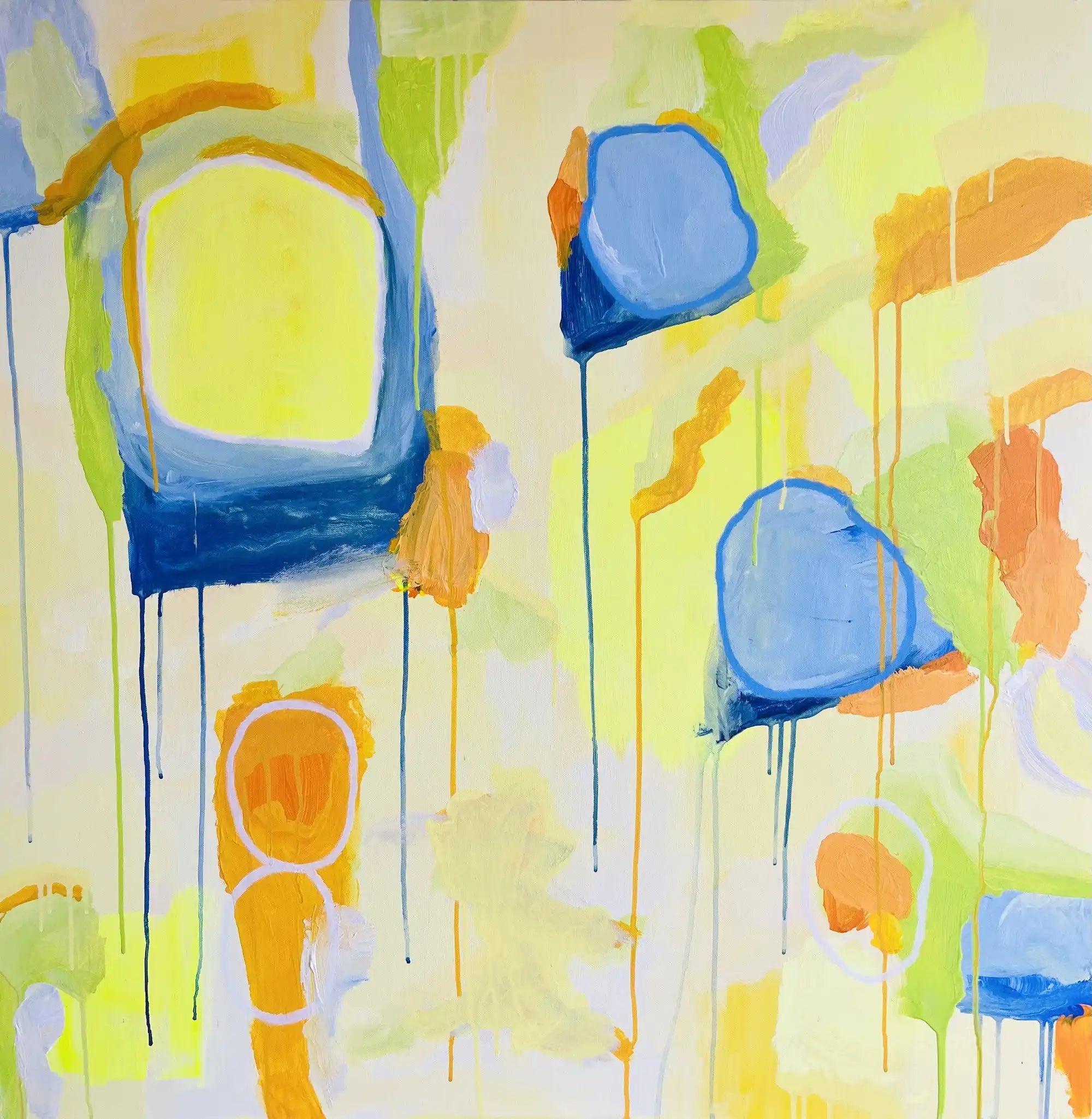 Charlotte – abstract original painting in yellow, blue, and green tones by Claire Campbell Art.