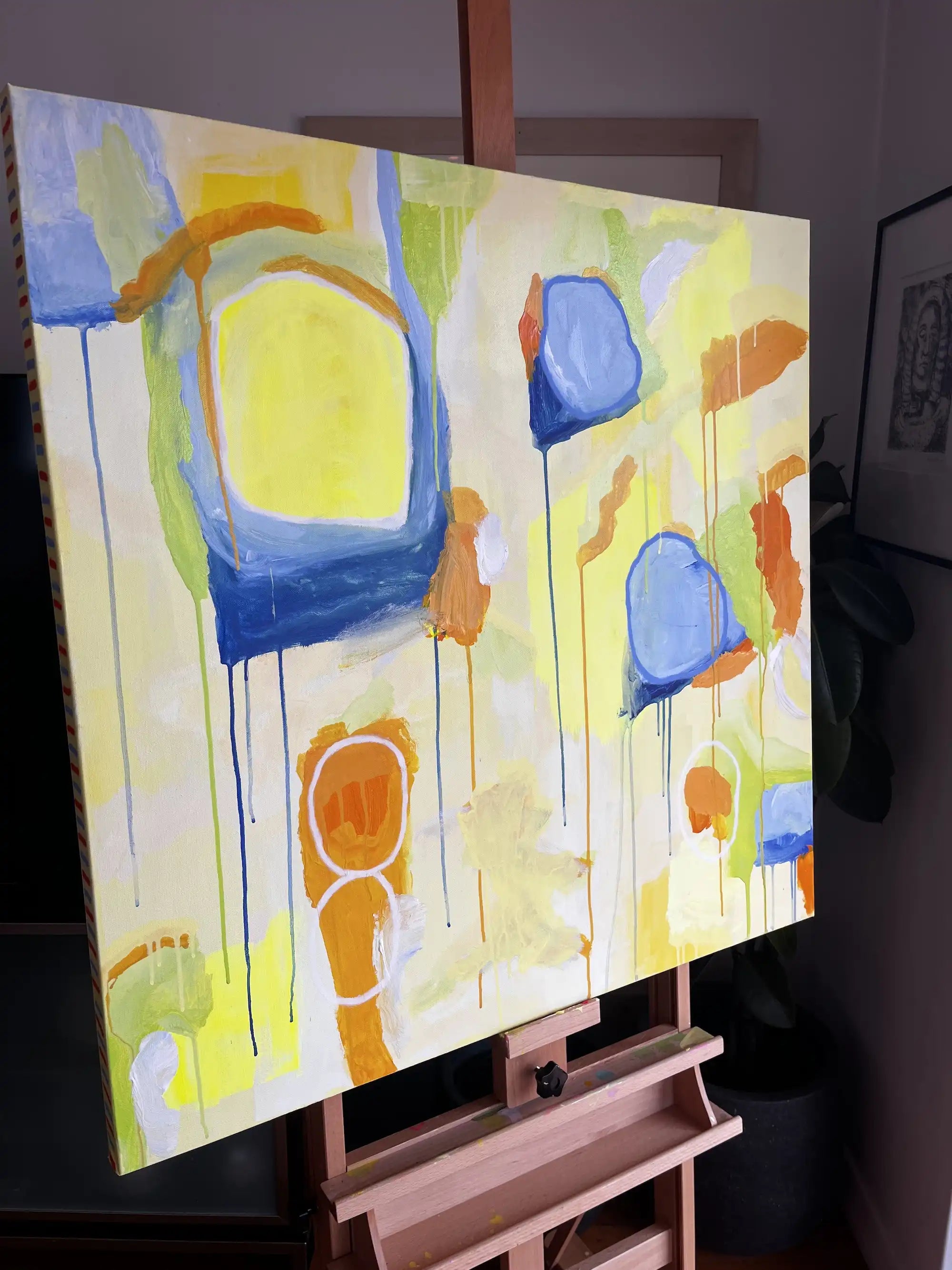 Charlotte – abstract original painting in yellow, blue, and green tones by Claire Campbell Art.