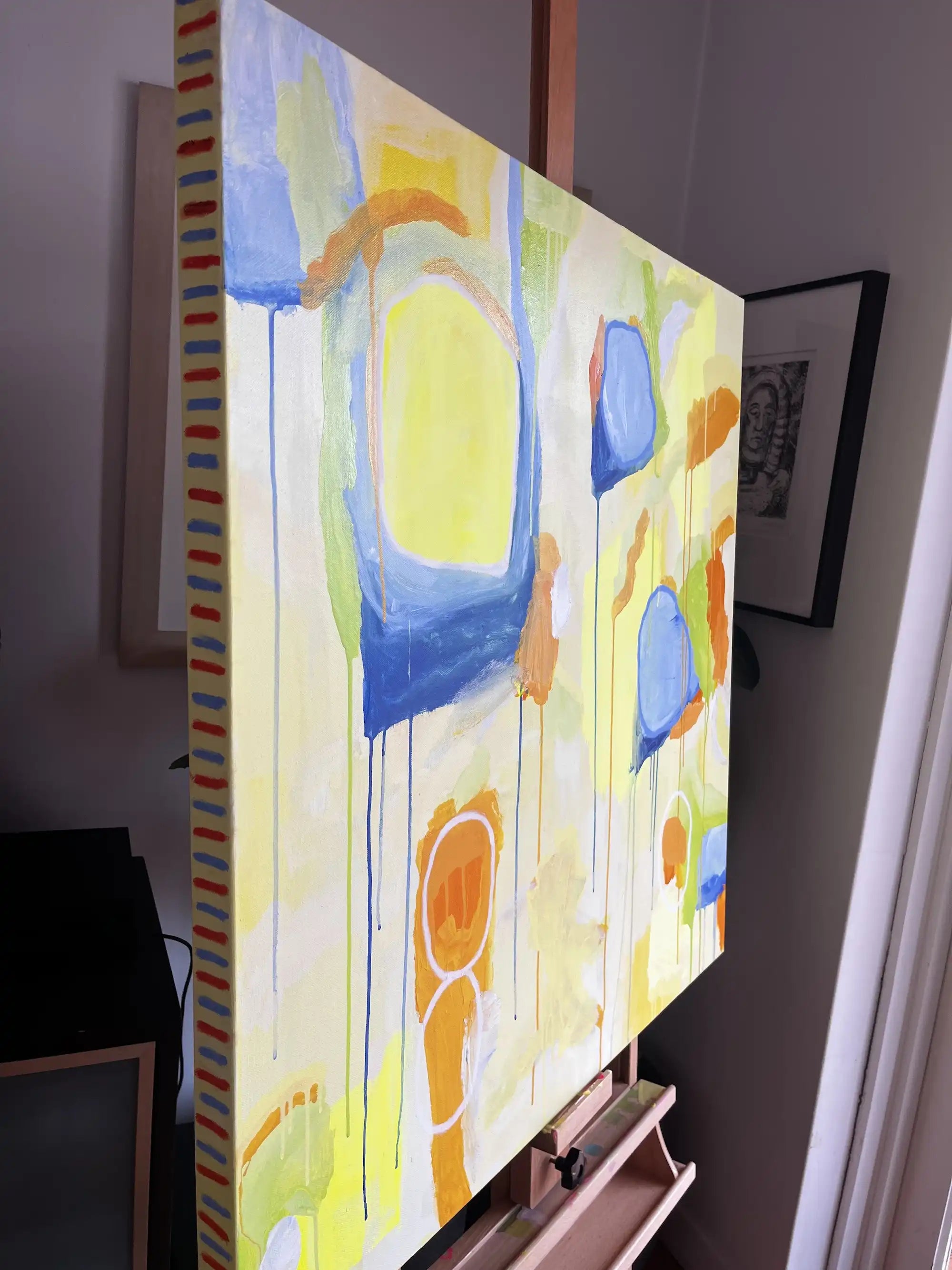 Charlotte – abstract original painting in yellow, blue, and green tones by Claire Campbell Art.