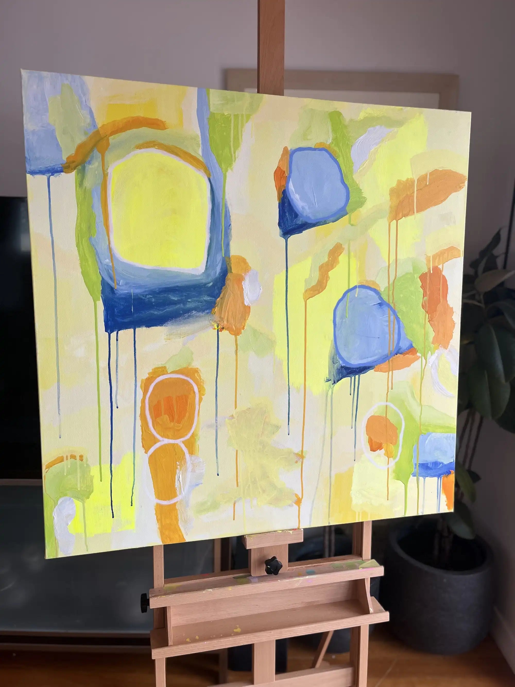 Charlotte – abstract original painting in yellow, blue, and green tones by Claire Campbell Art.