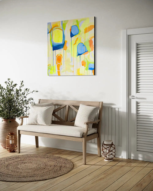 Charlotte – abstract original painting in yellow, blue, and green tones by Claire Campbell Art.