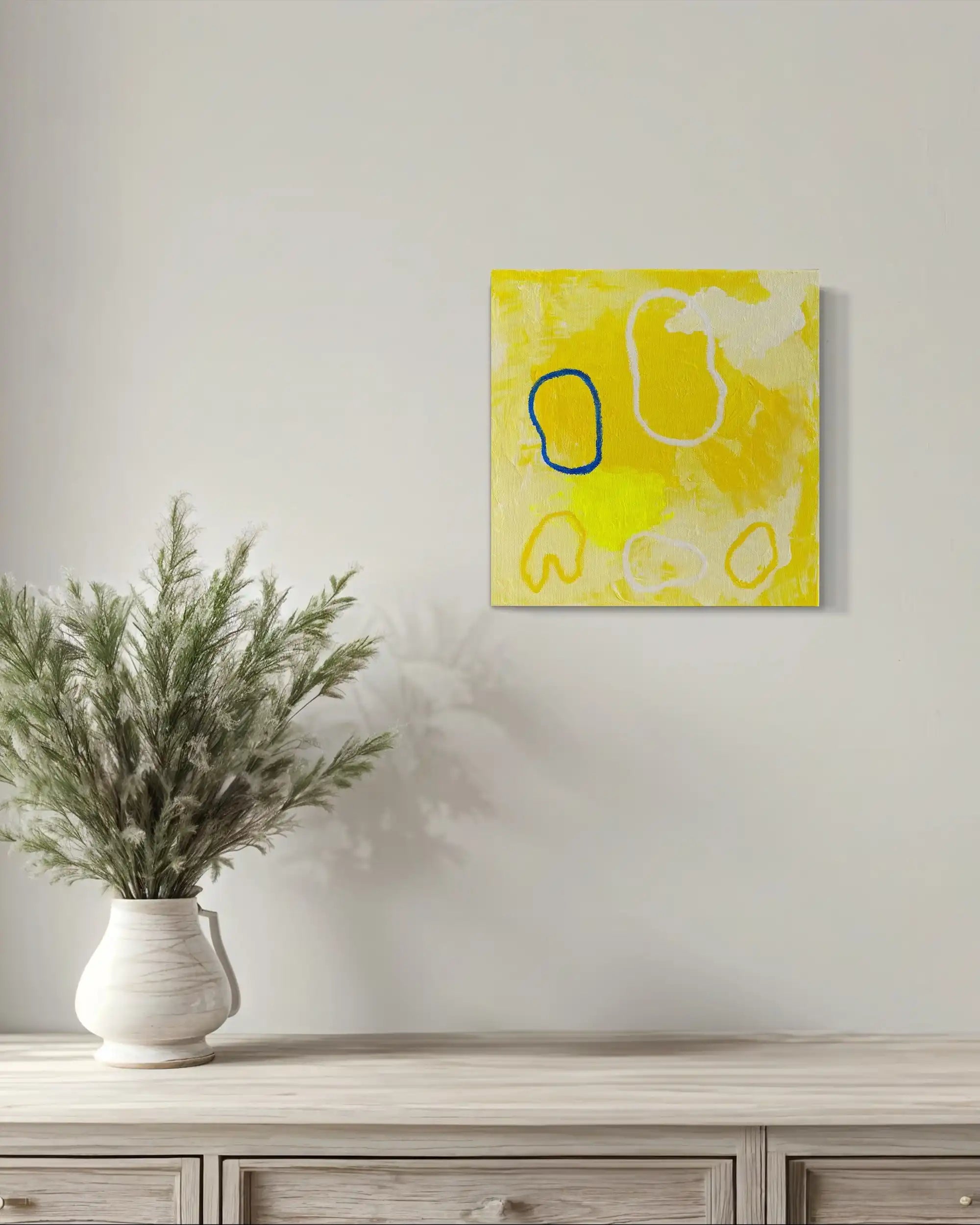 Eloide – golden abstract original painting inspired by light and ocean calm by Claire Campbell Art.