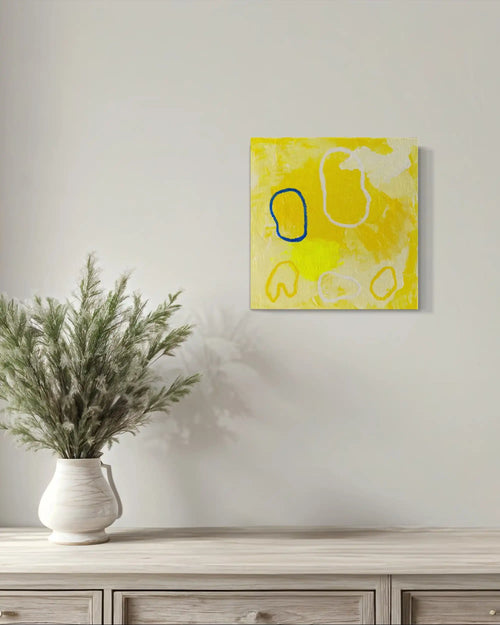 Eloide – golden abstract original painting inspired by light and ocean calm by Claire Campbell Art.