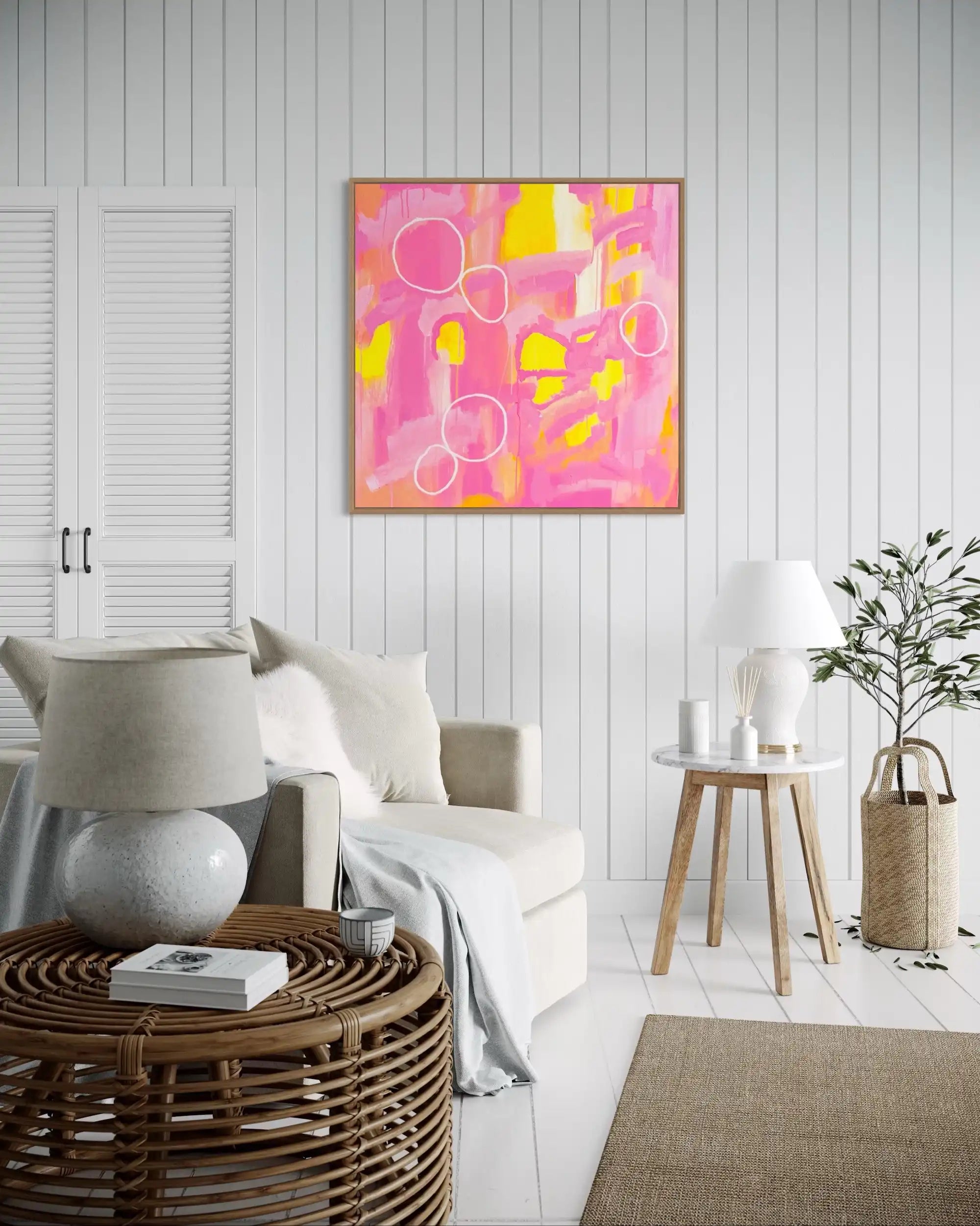 Iylita – bold abstract original painting in vibrant pinks and yellows by Claire Campbell Art.