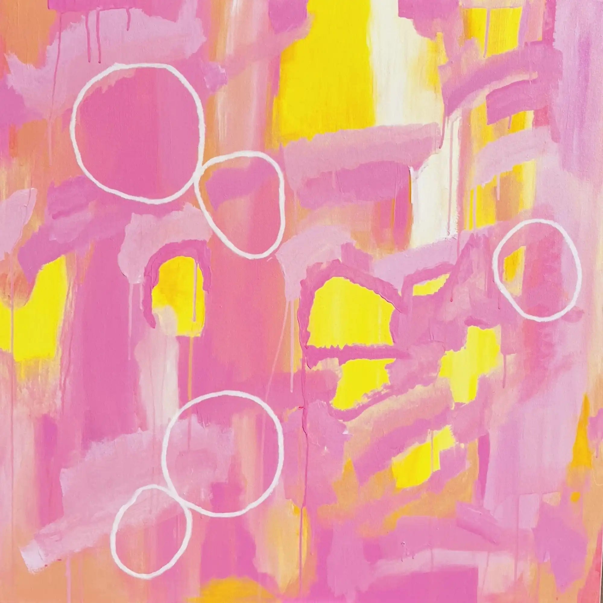 Iylita – bold abstract original painting in vibrant pinks and yellows by Claire Campbell Art.