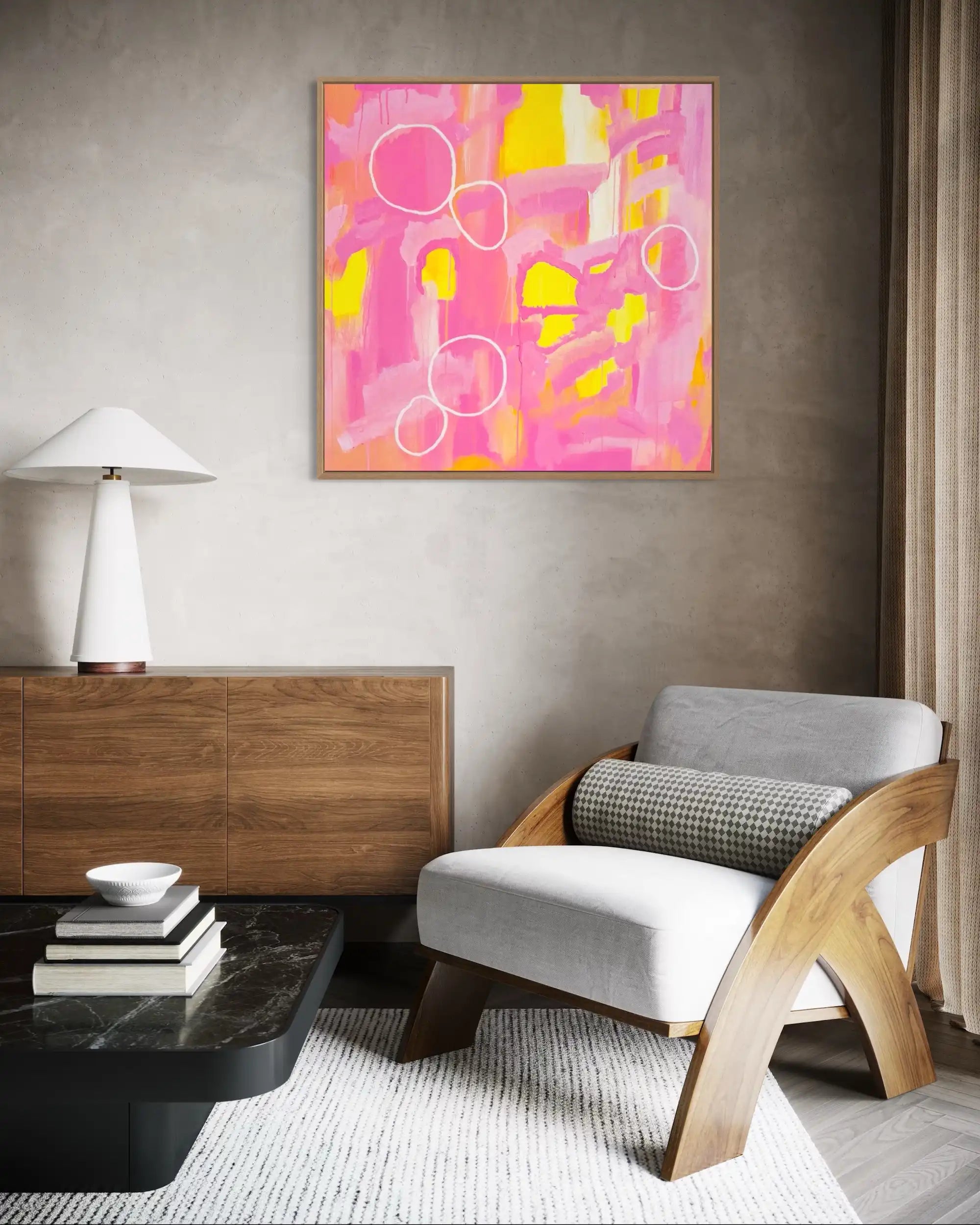 Iylita – bold abstract original painting in vibrant pinks and yellows by Claire Campbell Art.