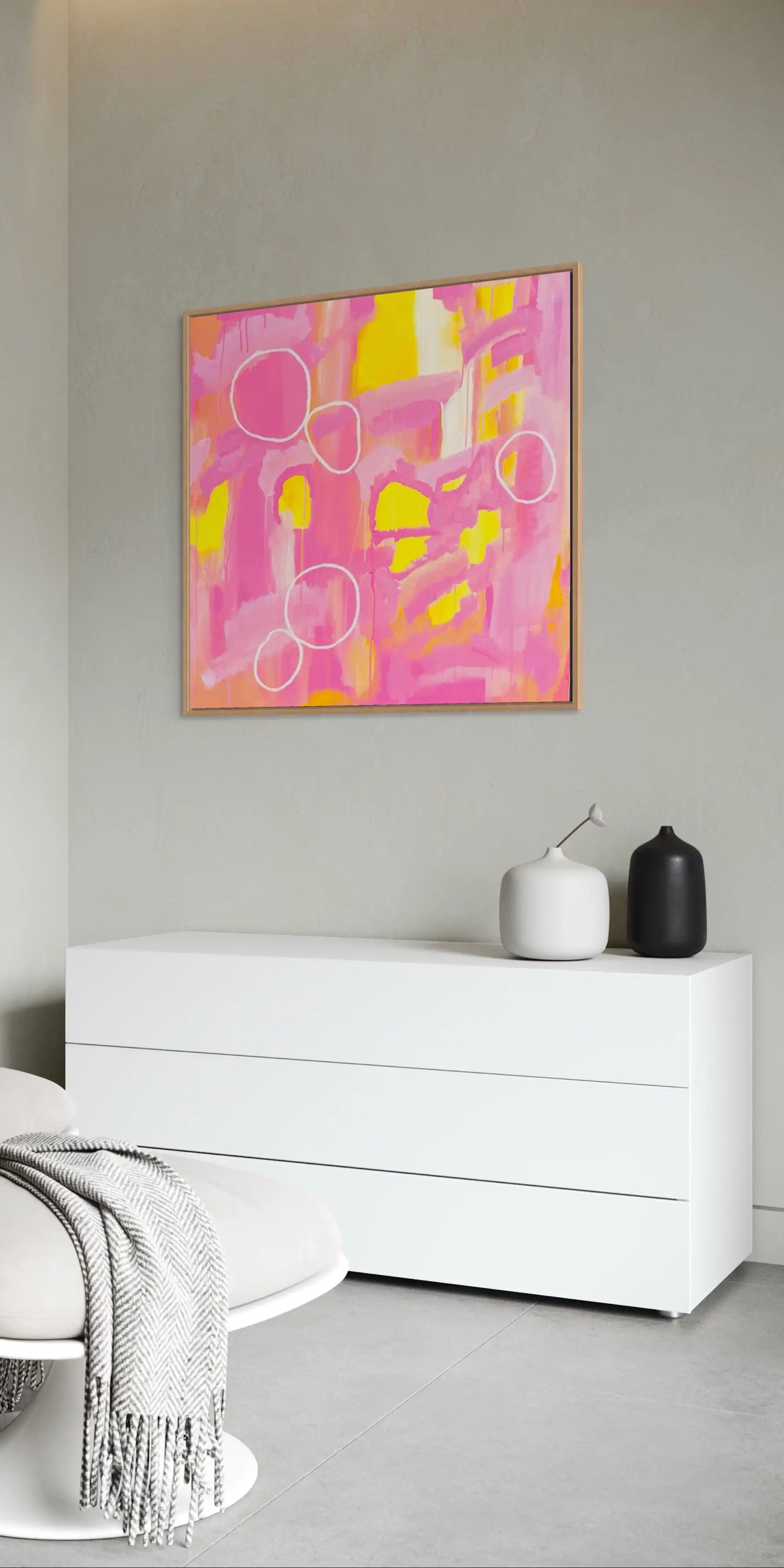Iylita – bold abstract original painting in vibrant pinks and yellows by Claire Campbell Art.