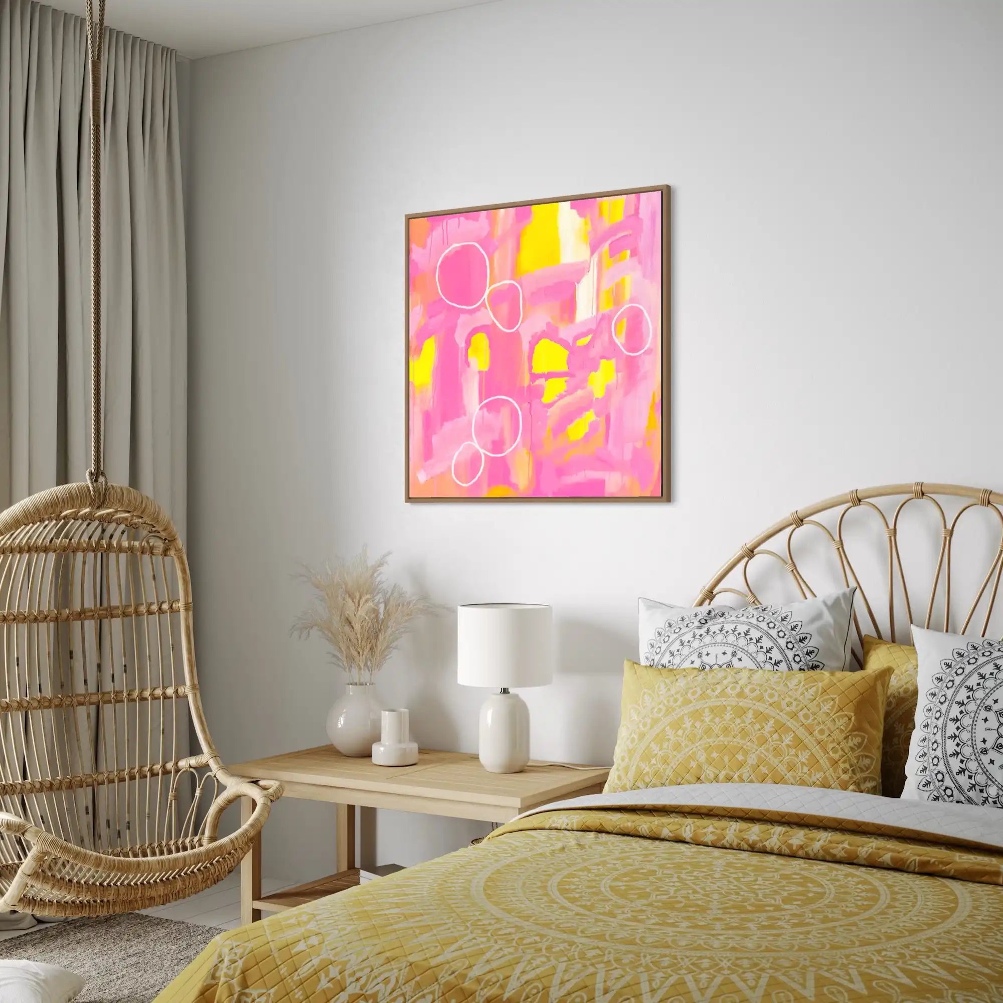 Iylita – bold abstract original painting in vibrant pinks and yellows by Claire Campbell Art.