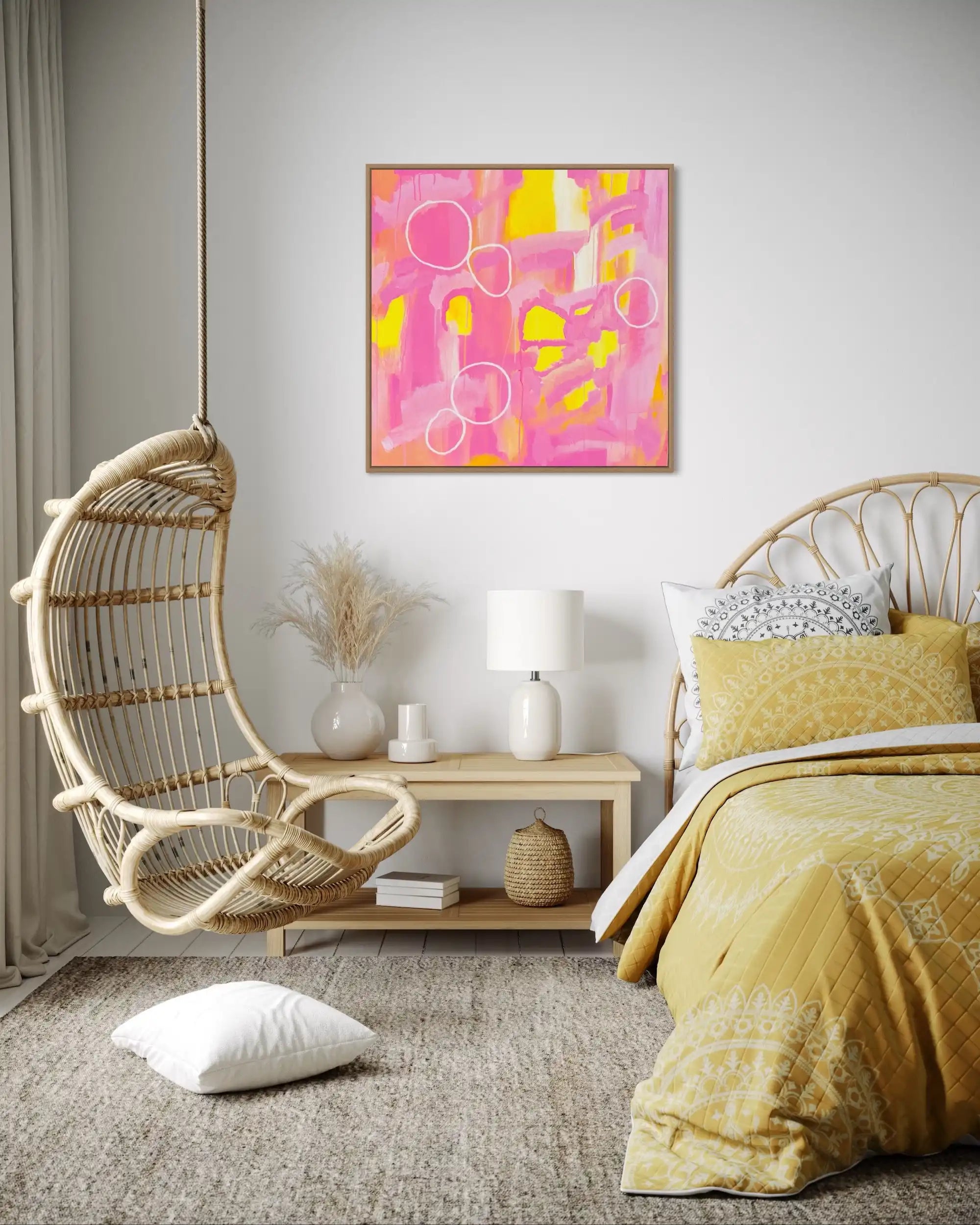 Iylita – bold abstract original painting in vibrant pinks and yellows by Claire Campbell Art.