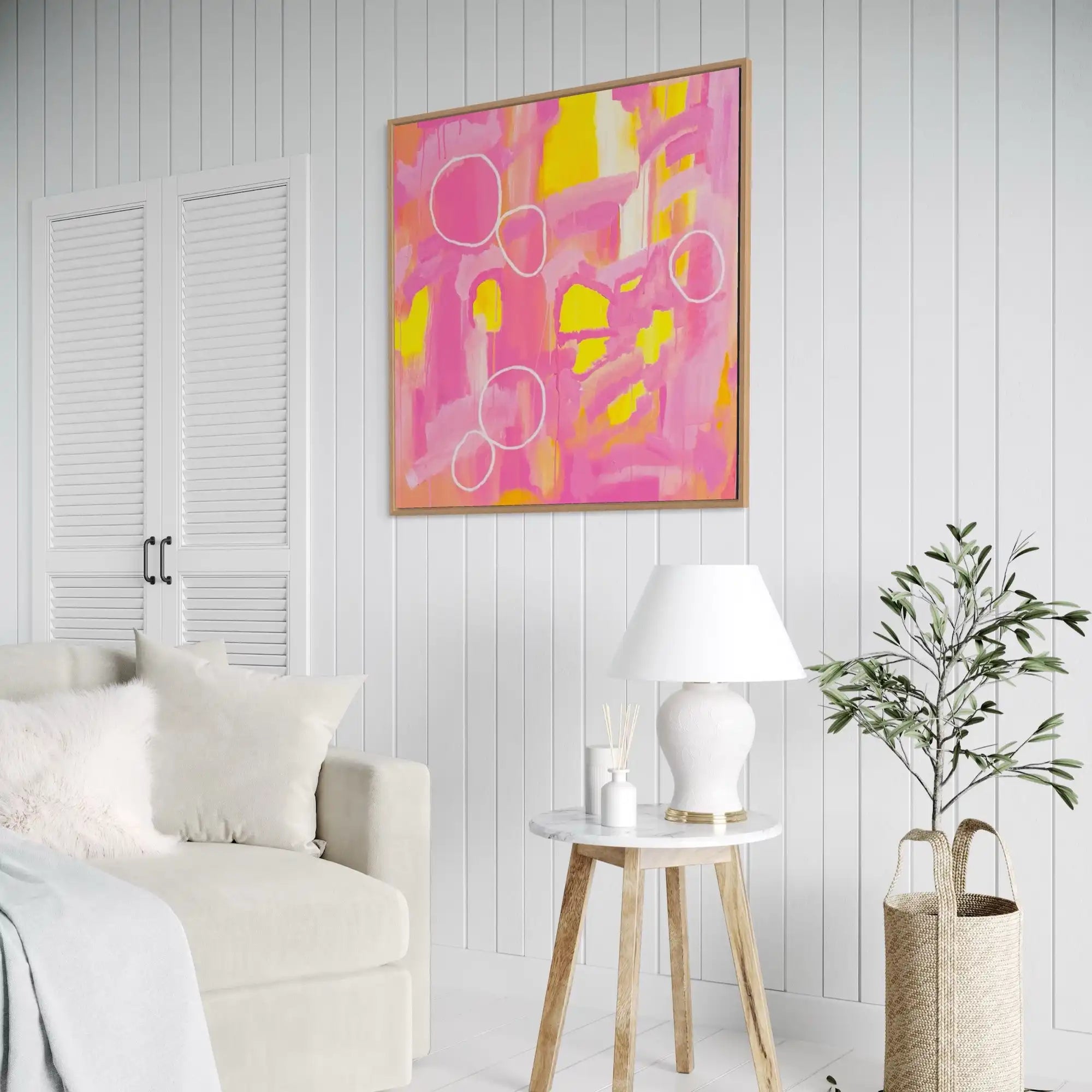 Iylita – bold abstract original painting in vibrant pinks and yellows by Claire Campbell Art.