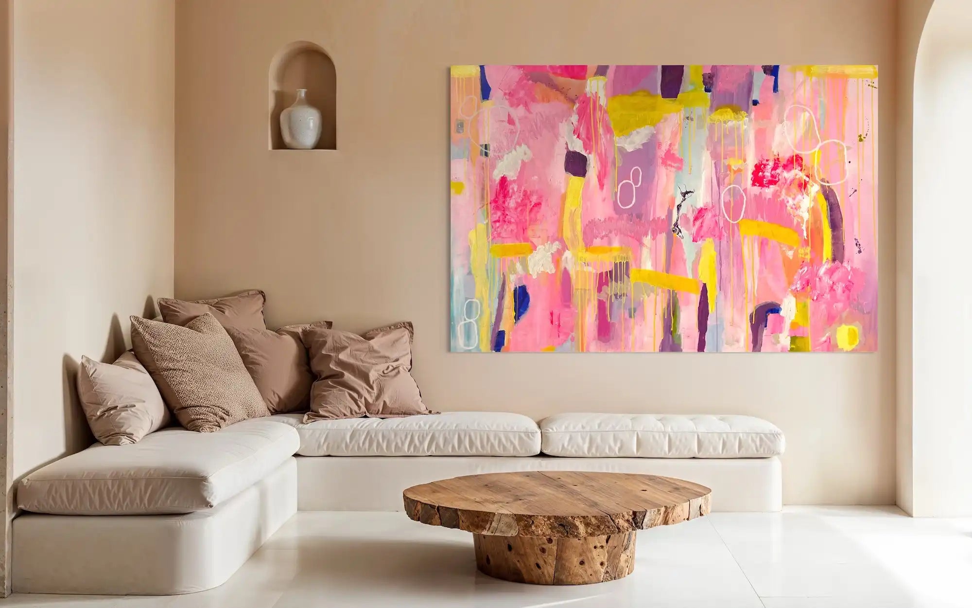 Lolita – luminous abstract original painting in soft neon tones by Claire Campbell Art.