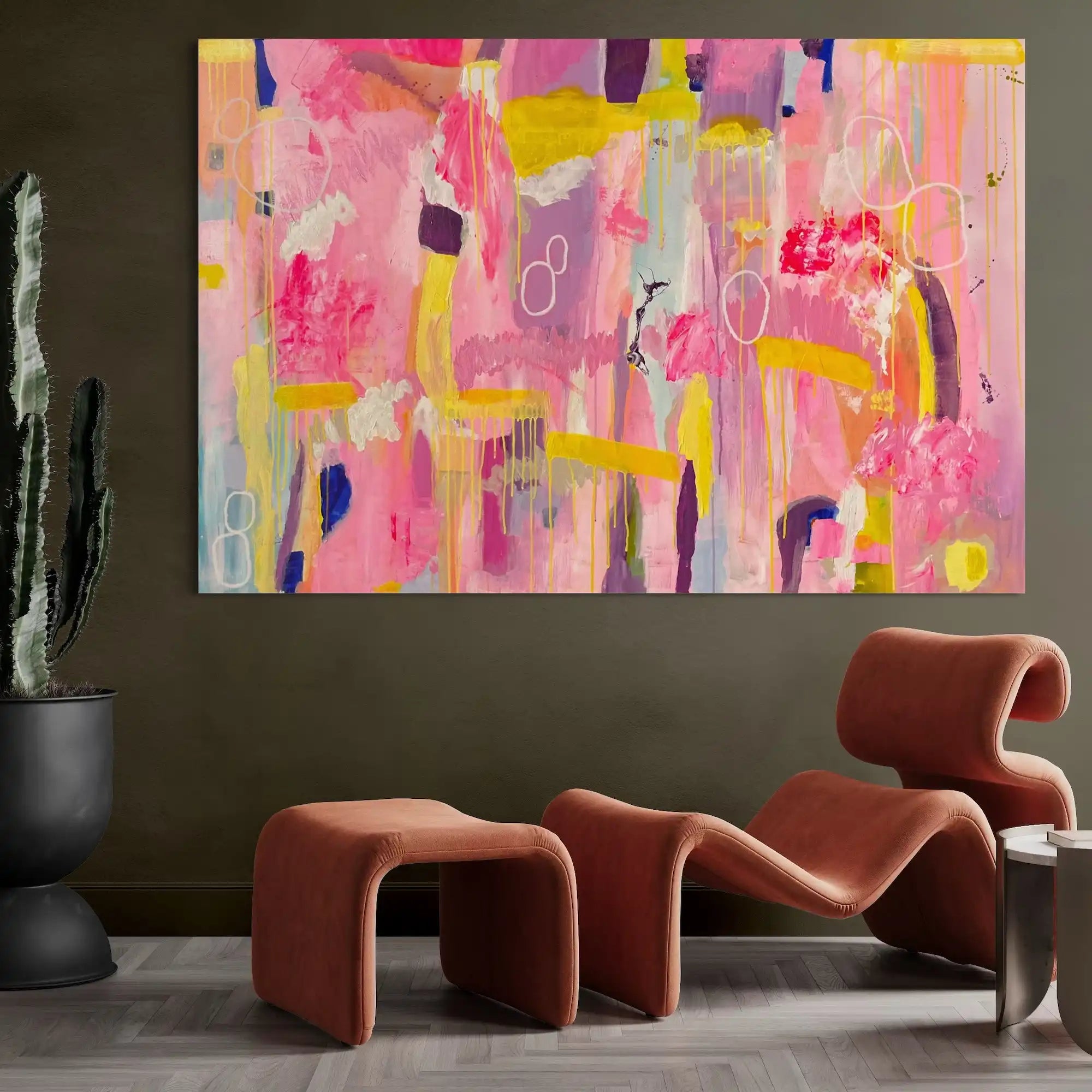 Lolita – luminous abstract original painting in soft neon tones by Claire Campbell Art.