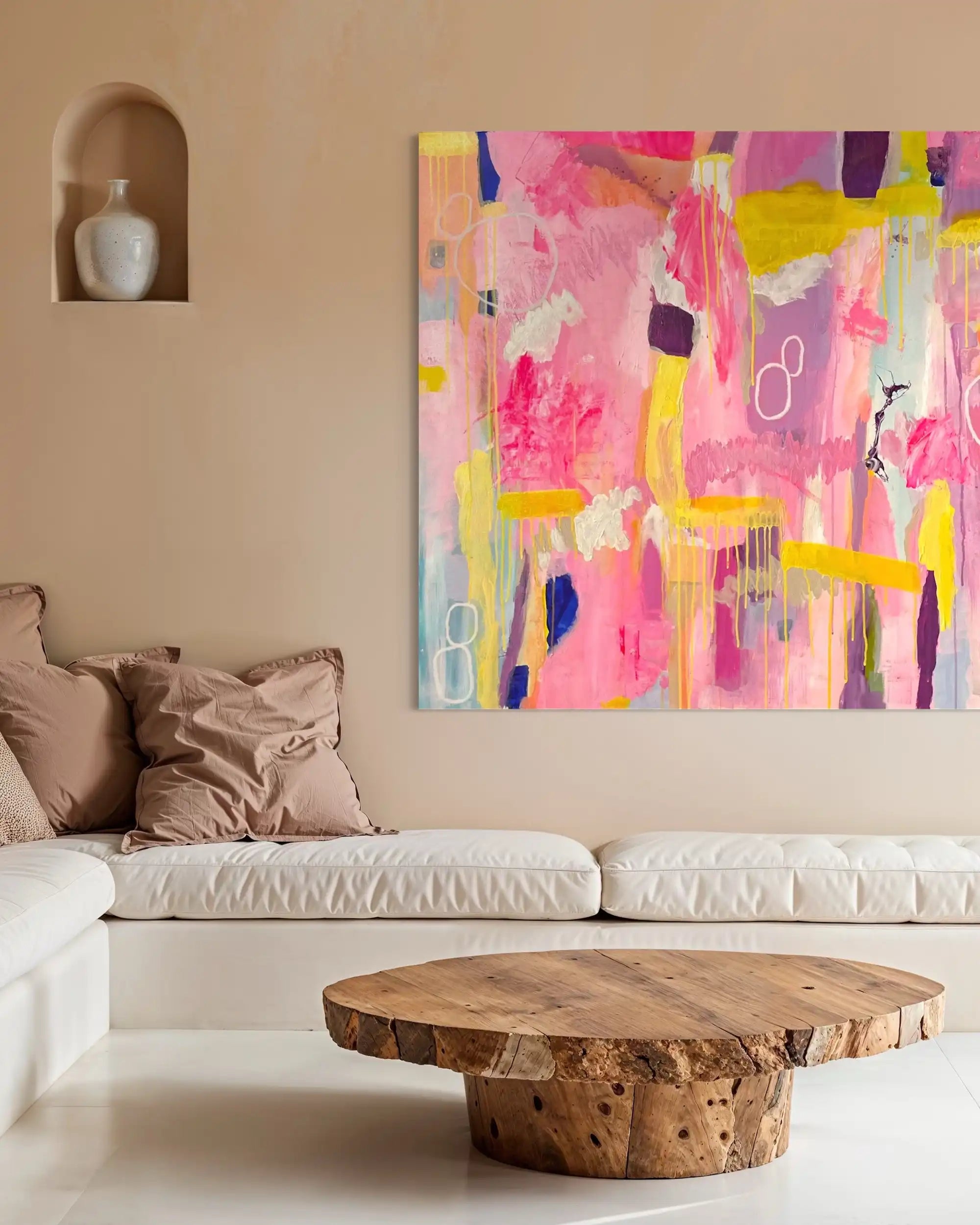Lolita – luminous abstract original painting in soft neon tones by Claire Campbell Art.