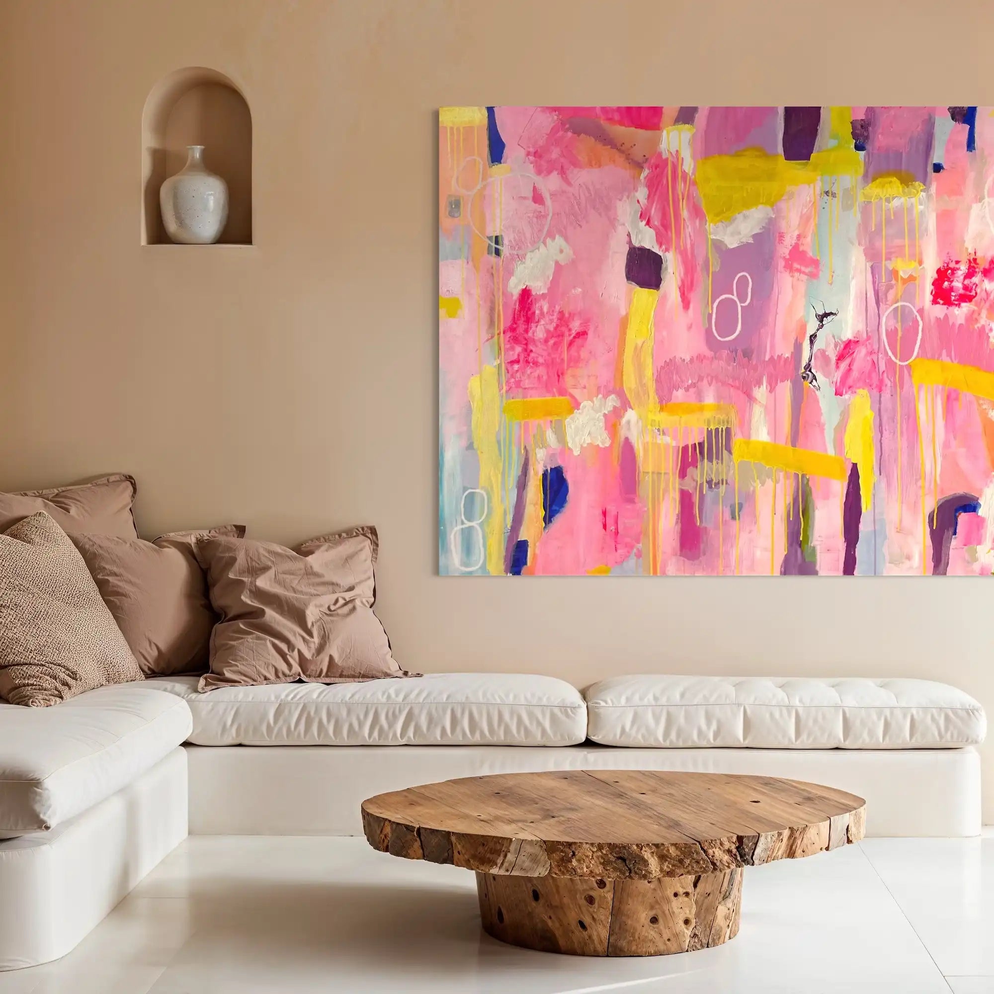 Lolita – luminous abstract original painting in soft neon tones by Claire Campbell Art.