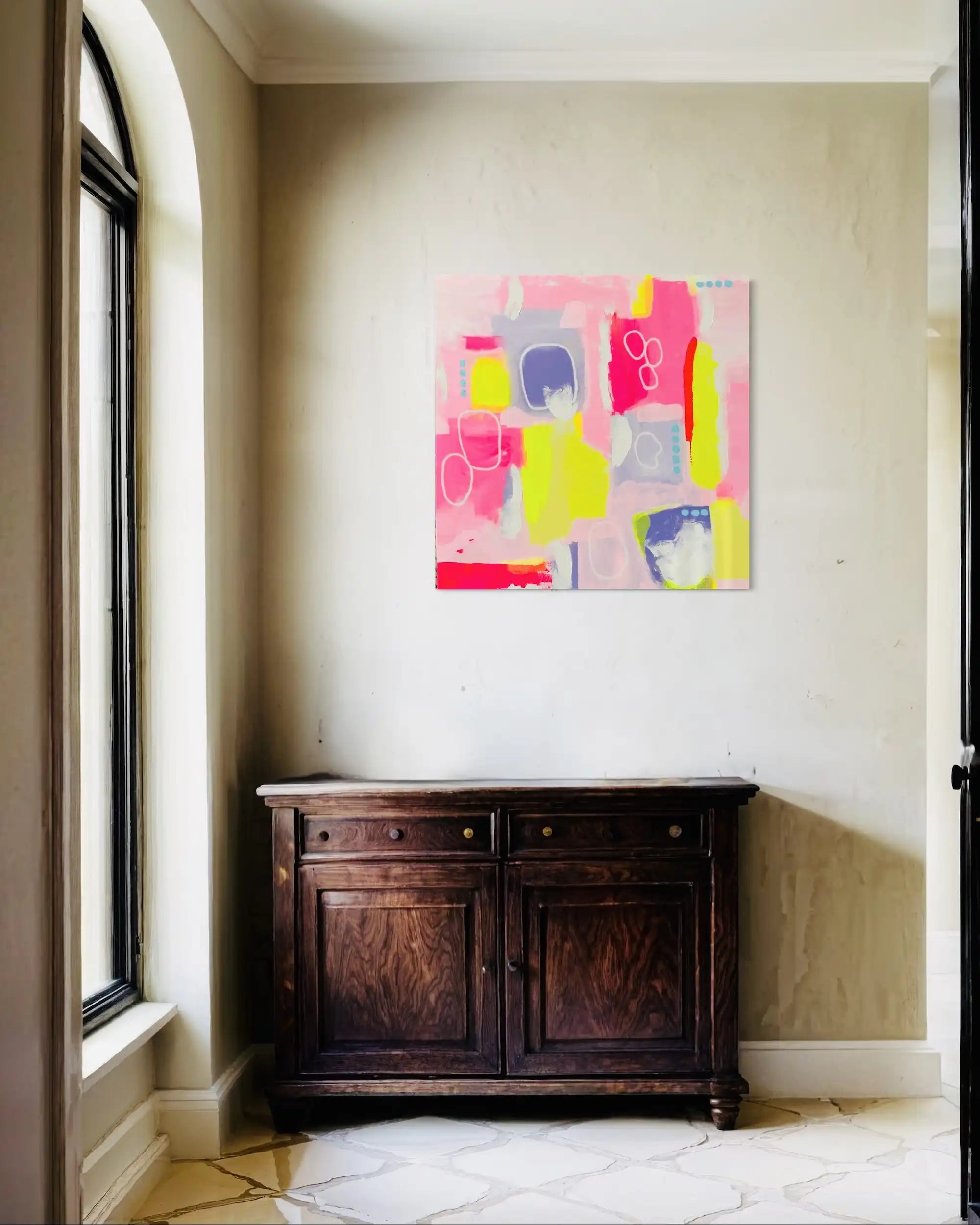 Maggie – bold abstract original painting in lavender, pink, white, and aqua by Claire Campbell Art.