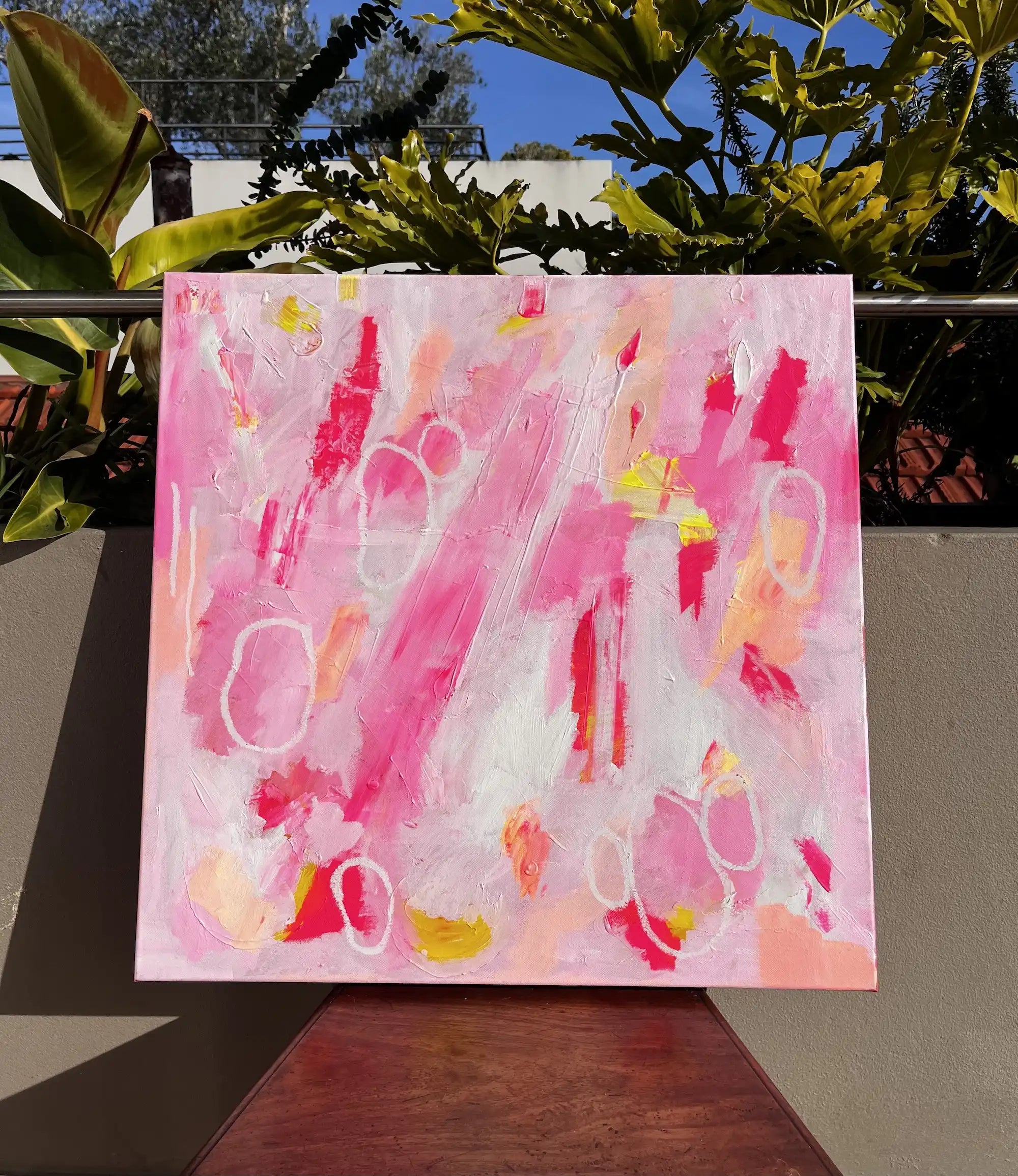 Xani – electric abstract original painting in vivid pinks and neon tones by Claire Campbell Art.
